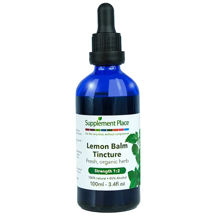 Lemon Balm Tincture. Fresh, organic herb, 1:2 Strength, 45% alcohol. 50ml glass bottle with dropper lid.