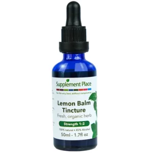 Lemon Balm Tincture. Fresh, organic herb, 1:2 Strength, 45% alcohol. 50ml glass bottle with dropper lid.