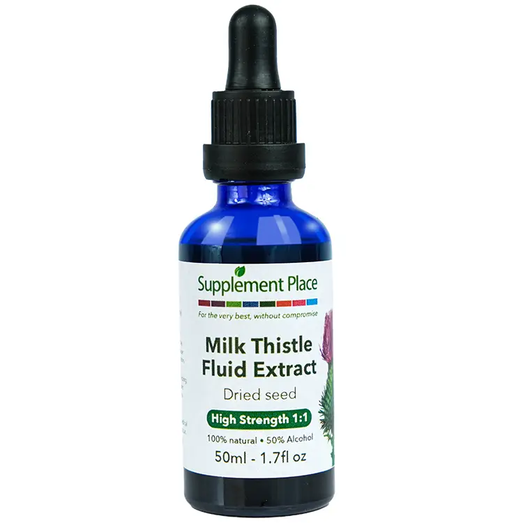 Milk Thistle Tincture. Dried seed extract, high strength 1:1, 50% alcohol. 50ml glass bottle with dropper lid.