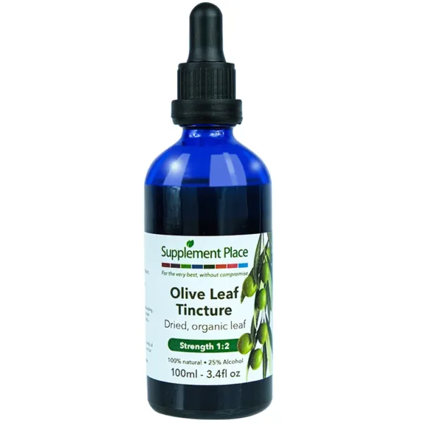 Olive Leaf Tincture. Organic, dried leaf extract, strength 1:2, 25% alcohol. 100ml glass bottle with dropper lid.