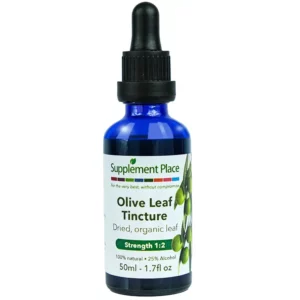 Olive Leaf Tincture. Organic, dried leaf extract, strength 1:2, 25% alcohol. 50ml glass bottle with dropper lid.
