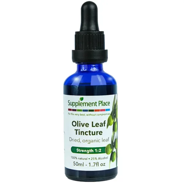 Olive Leaf Tincture. Organic, dried leaf extract, strength 1:2, 25% alcohol. 50ml glass bottle with dropper lid.