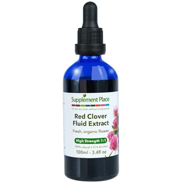 Red Clover Fluid Extract. Fresh, organic flower extract, 1:1 high strength, 25% alcohol. 100ml glass bottle with dropper lid.