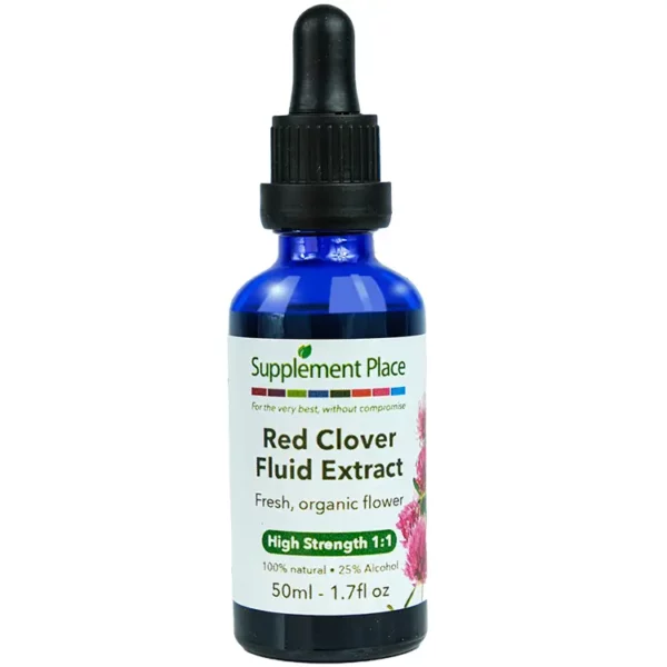 Red Clover Fluid Extract. Fresh, organic flower extract, 1:1 high strength, 25% alcohol. 50ml glass bottle with dropper lid.
