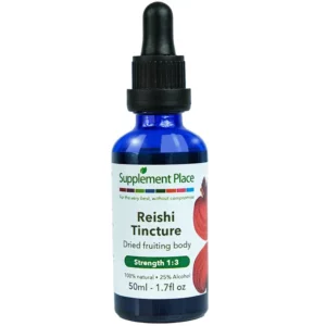 Reishi Tincture. Dried fruiting body mushroom extract, 1:3 strength, 25% alcohol. 50ml glass bottle with dropper lid.