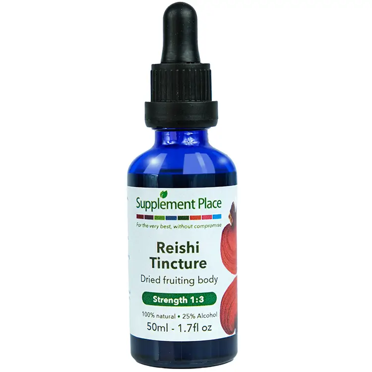 Reishi Tincture. Dried fruiting body mushroom extract, 1:3 strength, 25% alcohol. 50ml glass bottle with dropper lid.