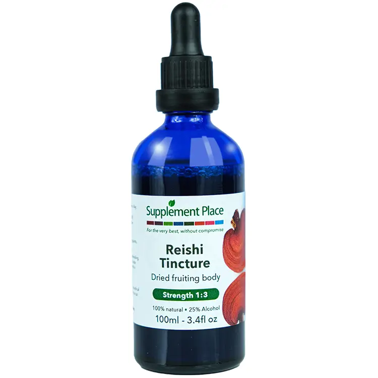 Reishi Tincture. Dried fruiting body mushroom extract, 1:3 strength, 25% alcohol. 100ml glass bottle with dropper lid.