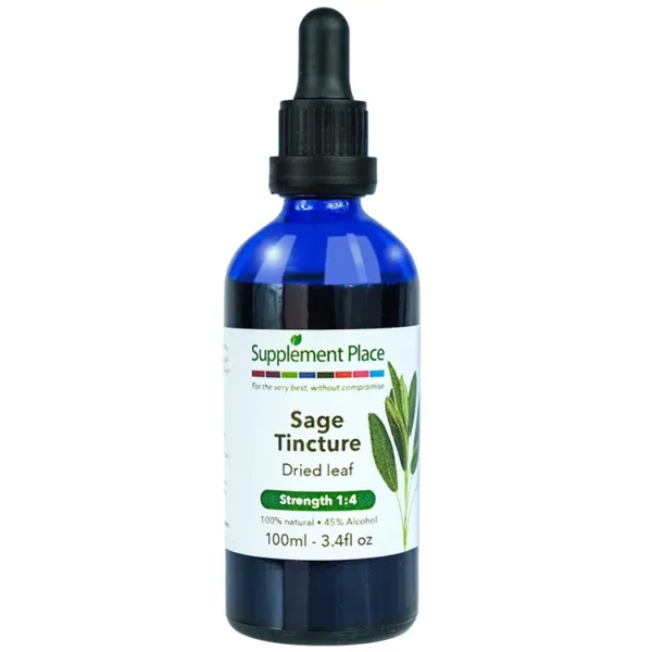 Sage tincture. Dried leaf extract, 1:4 strength, 45% alcohol. 100ml glass bottle with dropper lid.