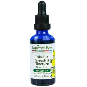 Tribulus Terrestris Tincture. Dried fruit extract, 1:2 strength, 25% alcohol. 50ml glass bottle with a dropper lid.