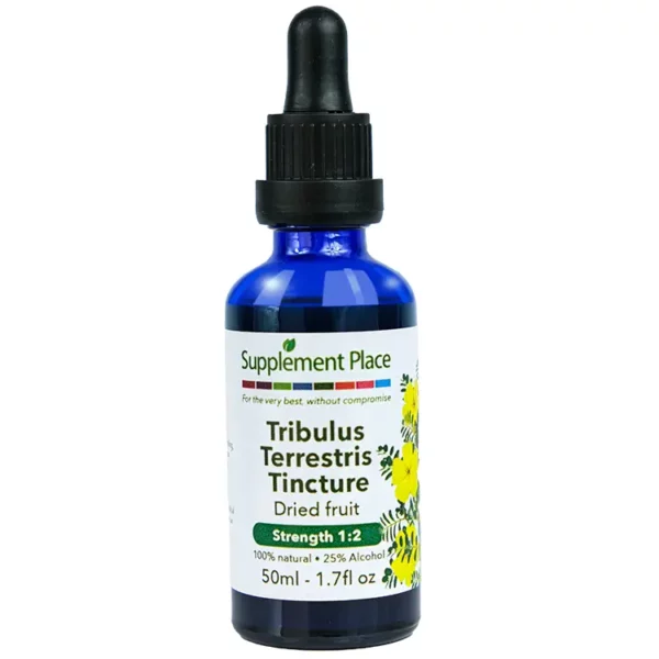 Tribulus Terrestris Tincture. Dried fruit extract, 1:2 strength, 25% alcohol. 50ml glass bottle with a dropper lid.