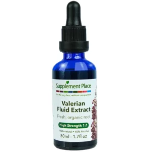 Valerian Tincture for Sleep. Fresh, organic root extract, high strength 1:1, 45% alcohol. 50ml glass bottle with dropper lid.