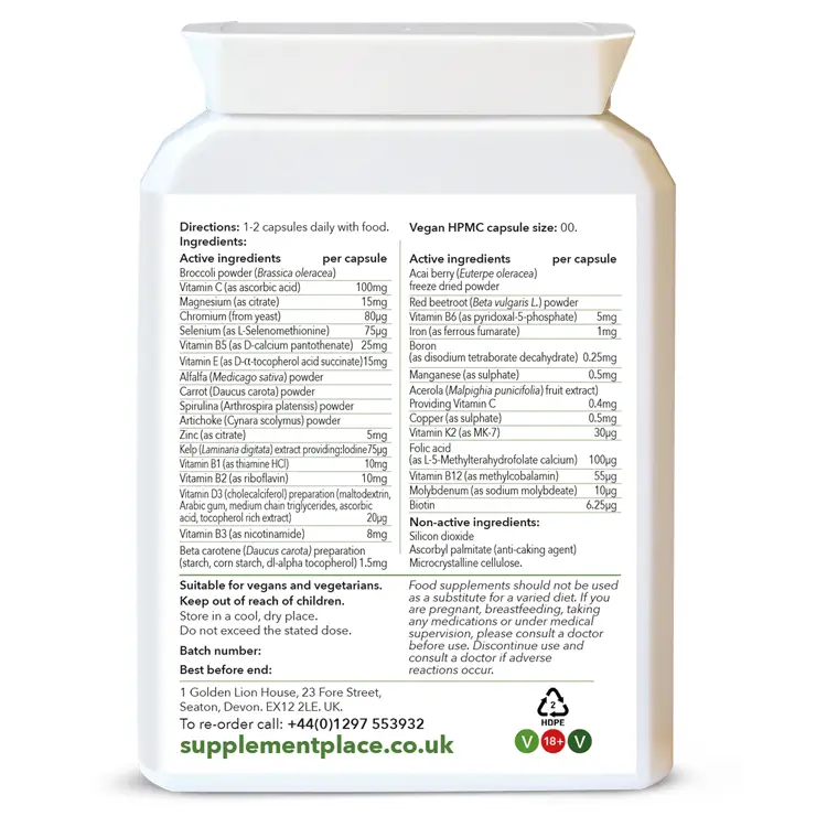 Wholefood multivitamins and minerals capsules providing 23 vitamins and minerals sourced from fruits and vegetables. Nothing synthetic! Rear label.