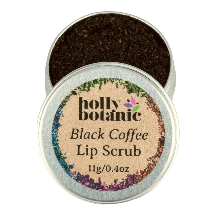 Black Coffee Lip Scrub supplied in a recyclable, aluminium tin.