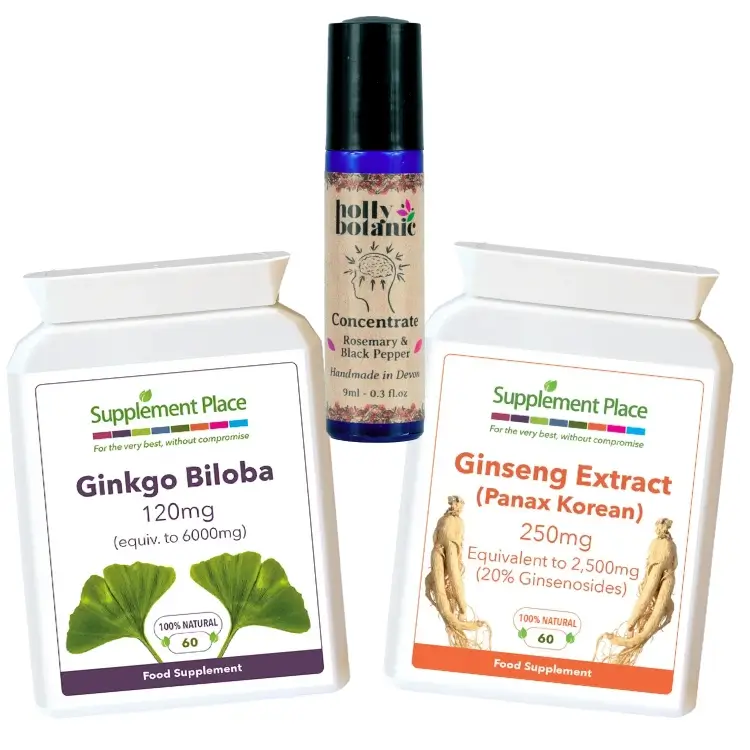 Focus Bundle - ginkgo biloba x 30, panax korean ginseng x 30, concentrate roll on oil