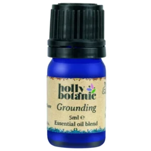 Grounding essential oil blend by Holly Botanic. A 5 or 10ml recyclable, blue glass, recyclable dropper bottle.