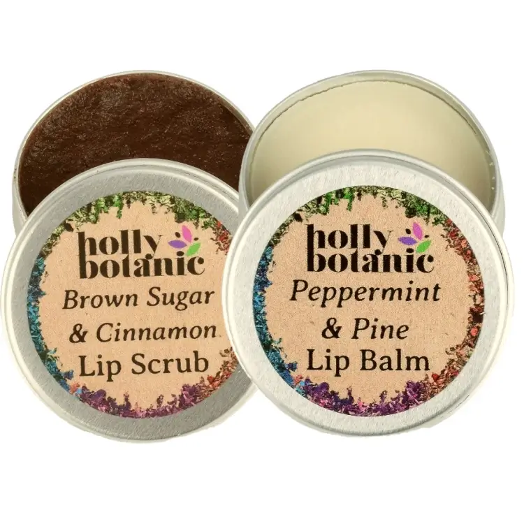 Lip Love Gift Set includes your choice of Holly Botanic lip balm and lip scrub supplied in recyclable, aluminium tins in a small gift box