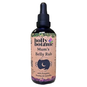 Mum's Belly Rub by Holly Botanic. A natural blend of plant oils and extracts to target stretch marks, soften, tone and improve elasticity. In a blue glass bottle with paper label.