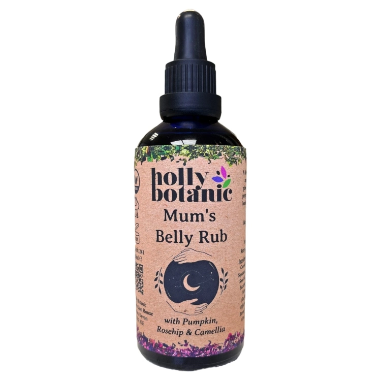 Mum's Belly Rub by Holly Botanic. A natural blend of plant oils and extracts to target stretch marks, soften, tone and improve elasticity. In a blue glass bottle with paper label.