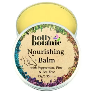 Nourishing Body Balm with oils and butters, peppermint & tea tree. Designed for feet. Supplied in a 100g recyclable, aluminium tin.