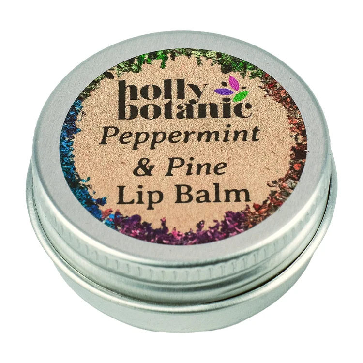 Peppermint & pine natural lip balm, in a recylable aluminium tin showing side