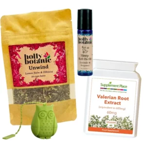 Sleep well bundle, option 1. Valerian root capsules, sleep pulse point oil and Unwind tisane.