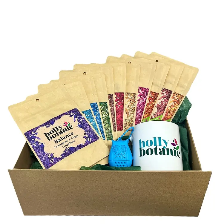 Time for tisanes gift set - 3 cup bag of all 11 Holly Botanic loose tisanes supplied in a magnetic-close, cardboard, reusable gift box. Includes infuser and Holly Botanic Mug