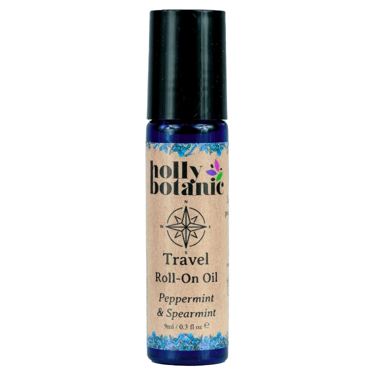 Travel roll on oil with peppermint & spearmint in a glass rollerball bottle, metal roller and plastic lid. Lid on
