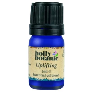 Uplifting essential oil blend by Holly Botanic. A 5 or 10ml recyclable, blue glass, recyclable dropper bottle.