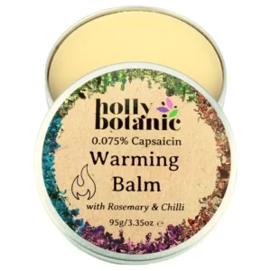 Warming Body Balm with rosemary, chilli and black pepper for a warming effect. Designed for feet. Supplied in a 100g recyclable, aluminium tin.