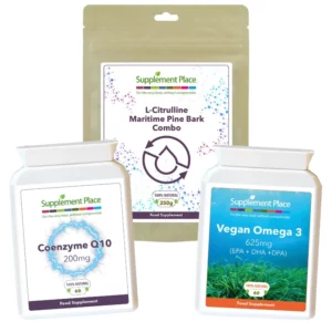 Healthy heart bundle. Co Enzyme Q10, combo powder and omega 3 capsules. Sent in recyclable pots.