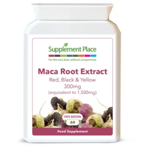 Maca root extract capsules. Red, black and yellow extract. 300mg capsules, equivalent to 1,500mg. Provided in recyclable pots. Front.