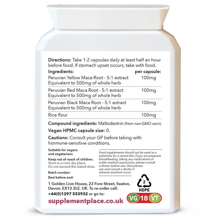 Maca root extract capsules. Red, black and yellow extract. 300mg capsules, equivalent to 1,500mg. Provided in recyclable pots. Rear