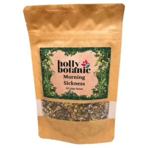 Morning sickness tisane by Holly Botanic. Loose tisane available in different sizes in a recyclable, resealable pouch.