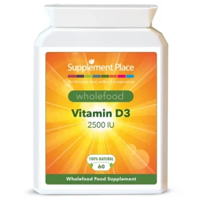 Wholefood Vitamin D3 providing 2500IU per capsule. Sourced from buckwheat and glute-free. recyclable pot, front label.
