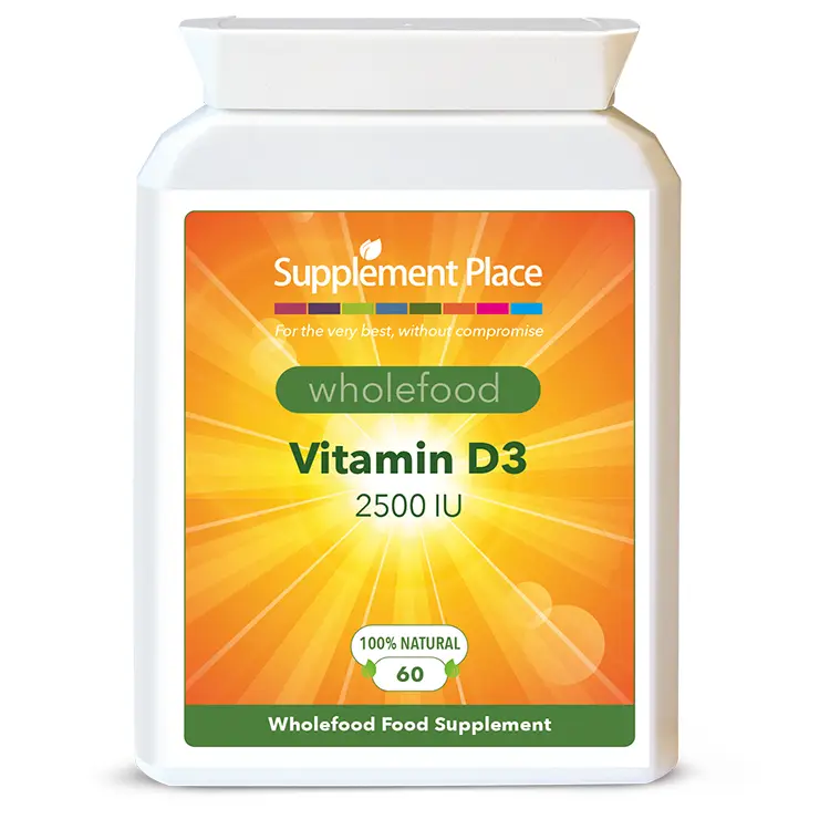 Wholefood Vitamin D3 providing 2500IU per capsule. Sourced from buckwheat and glute-free. recyclable pot, front label.