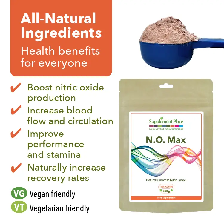 N.O. Max Powder. Nitric oxide boosting supplement. Benefits Image