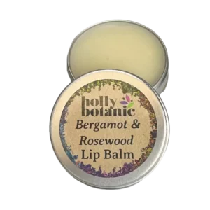 Holly Botanic bergamot & rosewood lip balm, 15ml tin, lid off