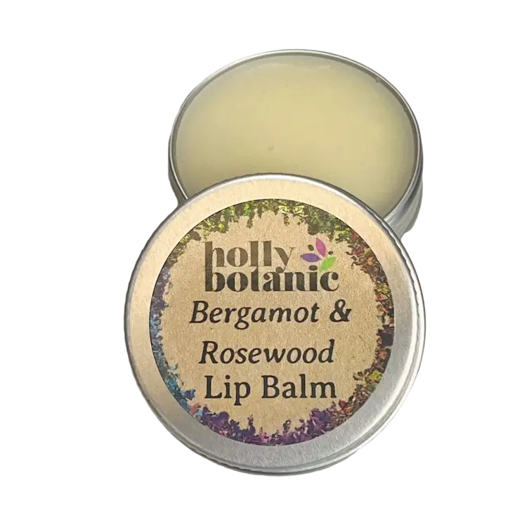 Holly Botanic bergamot & rosewood lip balm, 15ml tin, lid off