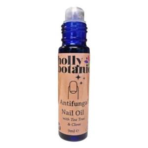 Antifungal Nail oil by Holly Botanic. Natural plant oils and essential oils in a handy glass, rollerball bottle. Image with Lid off.