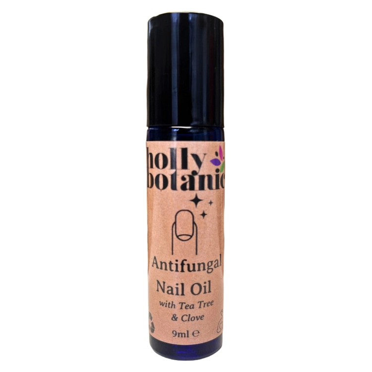 Antifungal nail oil by Holly Botanic. Natural plant oils and essential oils in a handy glass, rollerball bottle. Image with Lid On