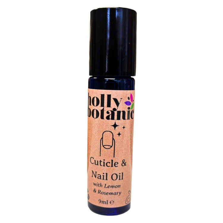 Cuticle oil and nail oil by Holly Botanic. Natural plant oils and essential oils in a handy glass, rollerball bottle. Image with Lid On