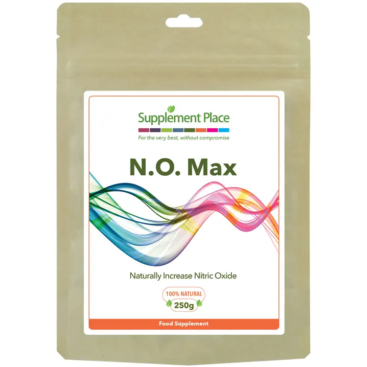 N.O. Max Powder - A nitric oxide supplement with 8 natural ingredients. Sent in a resealable, recyclable pouch.