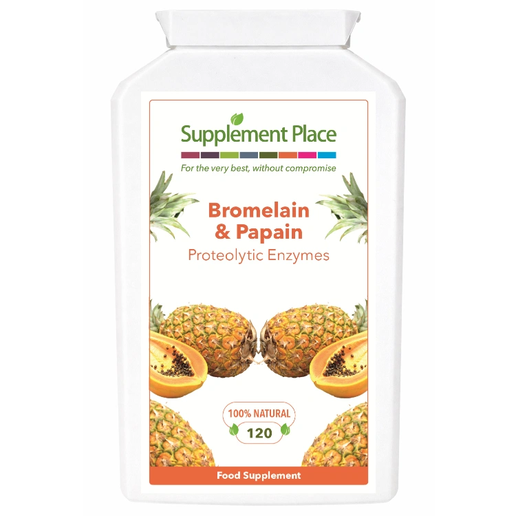 Bromelain & Papain enzymes from pineapple and papaya. 120 Capsules supplied in recyclable, letterbox-friendly pots.