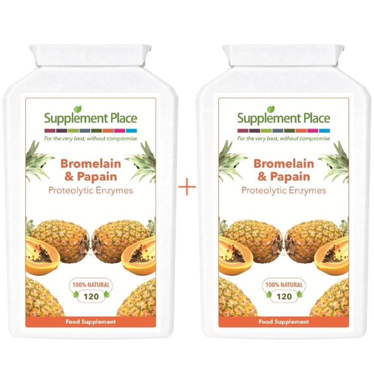 Bromelain & Papain enzymes from pineapple and papaya. 240 capsules supplied in recyclable, letterbox-friendly pots.