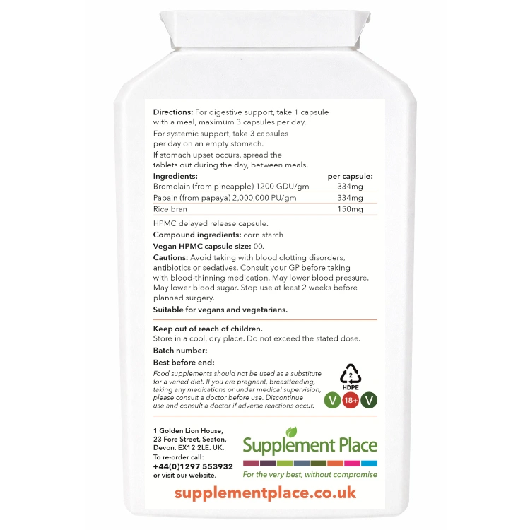 Bromelain & Papain enzymes from pineapple and papaya. Supplied in recyclable, letterbox-friendly pots.
