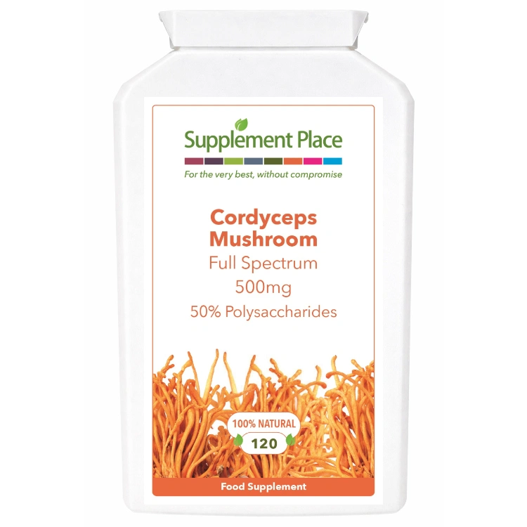 Cordyceps mushroom, full spectrum, 50% polysaccharides, 500mg, 120 capsules. Supplied in a recyclable letterbox-friendly pot.