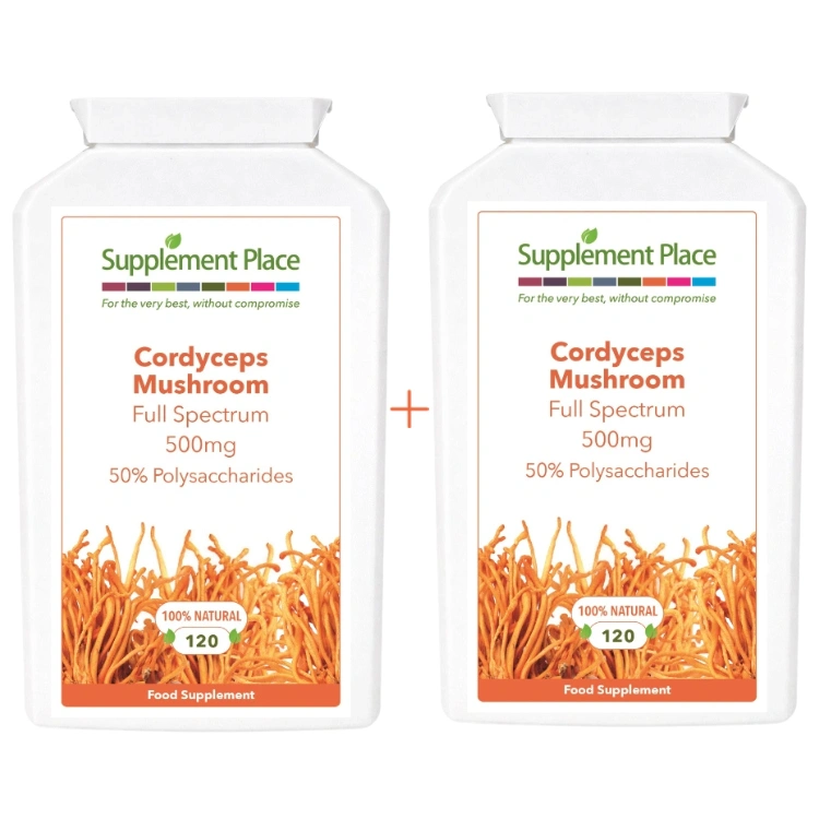 Cordyceps Mushroom, 500mg, 50% polysaccharides, 240 capsules supplied in 2 x recyclable, letterbox-friendly pots.