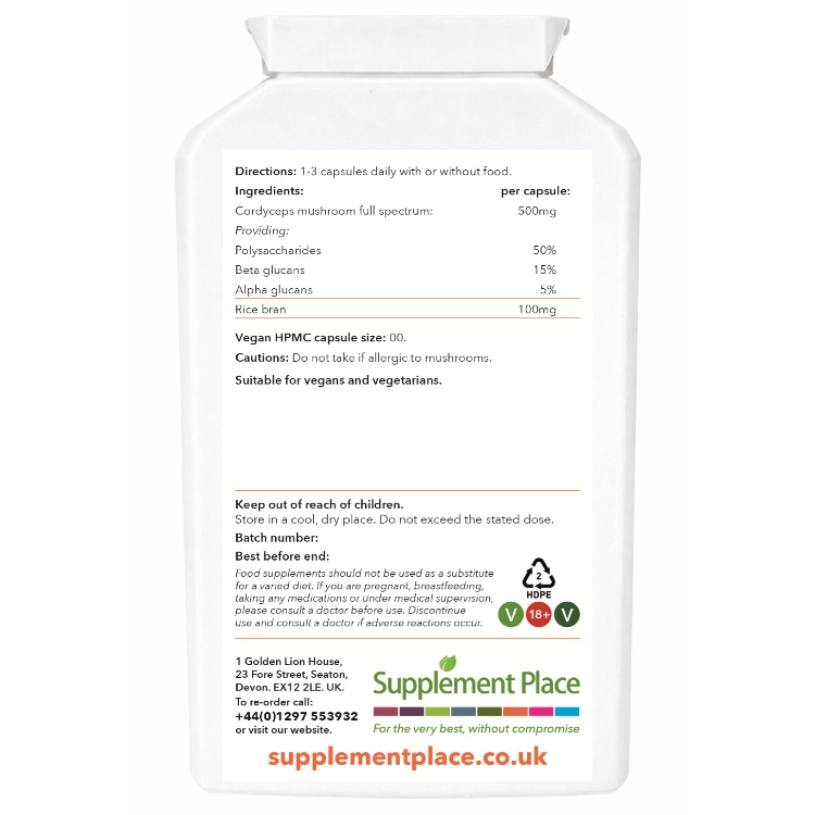 Cordyceps mushroom, full spectrum, 500mg capsules. Large pot rear, letterbox-friendly pot.