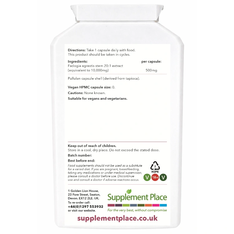Fadogia Agrestis Extract, 500mg capsules, equivalent to 10,000mg. supplied in a recyclable, letterbox-friendly pot. Large pot, rear label.