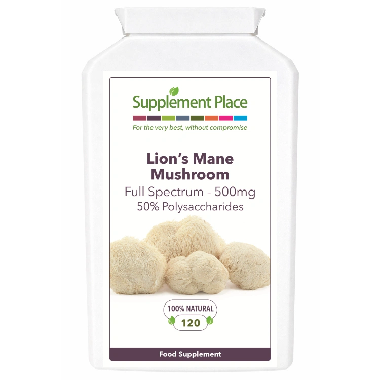 Lion's Mane Mushroom, 500mg, 50% polysaccharides, 120 capsules supplied in a recyclable, letterbox-friendly pot.
